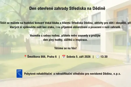 Pozvání na Den otevřené zahrady Střediska pro nevidomé Dědina – 5. září 2026
